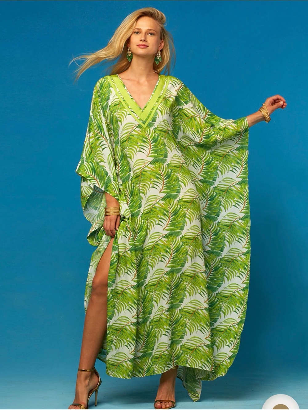 NICOBLU NWT Ashley Long Kaftan Dress Undulating Palm Leaves Small